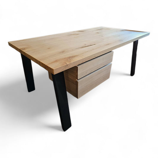 Schreibtisch (Solana) Eiche Massivholz 2 Schubladen Tischgestell schwarz