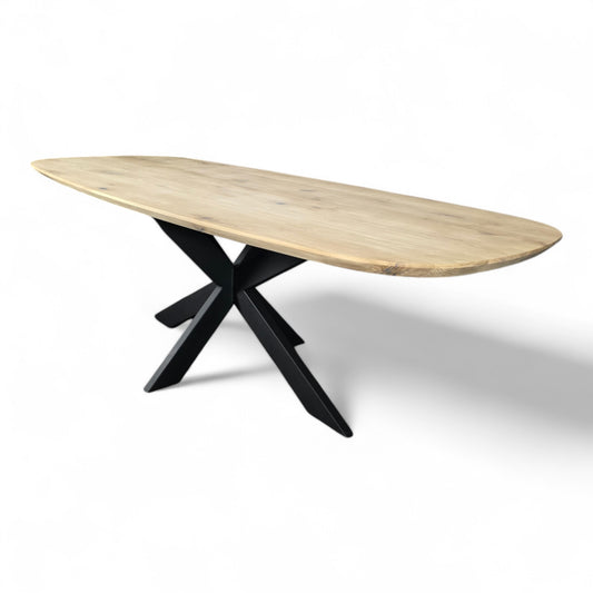 Esstisch (Walik E) Eiche Massivholz Dänisch Oval Bootsform mit Mittelgestell Spider schwarz