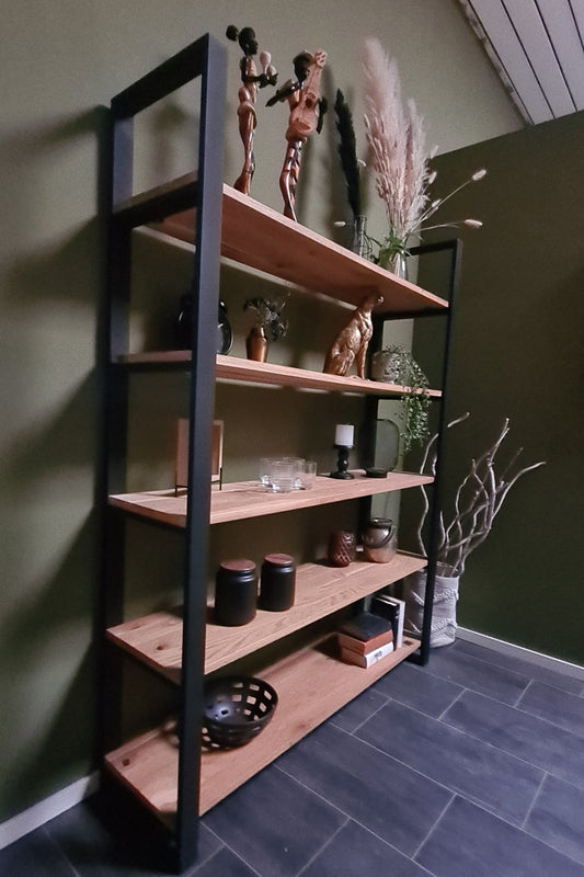 Standregal (Rex) Eiche Massivholz 5 Holzfächer Metallgestell schwarz