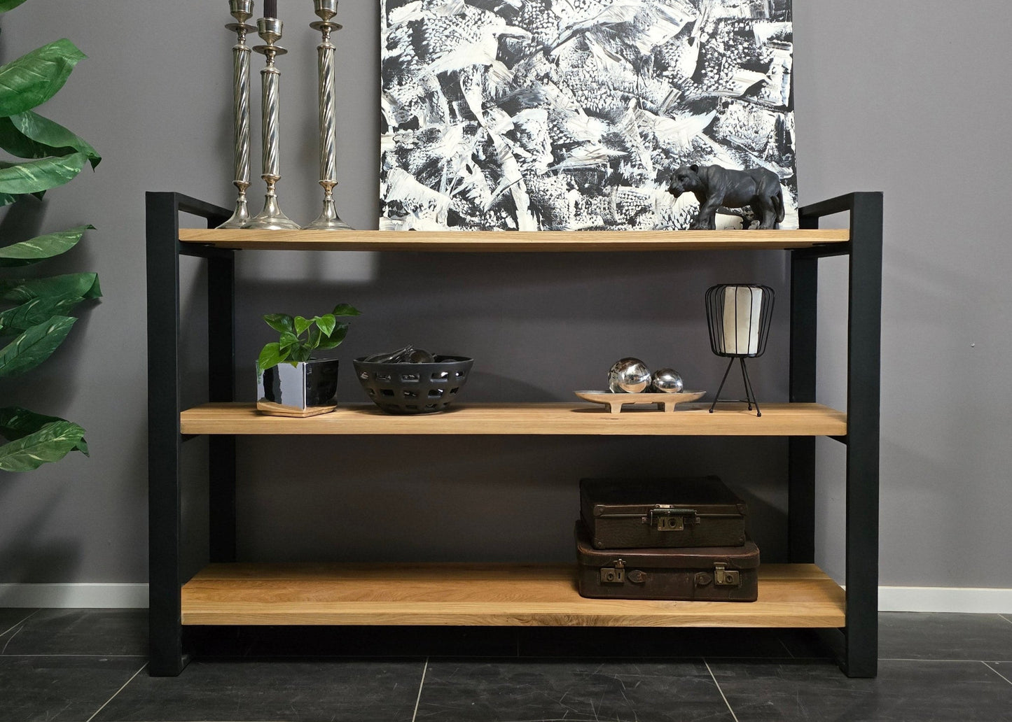 Sideboard (Rex) Eiche Massivholz 3 Fachböden Metallgestell schwarz