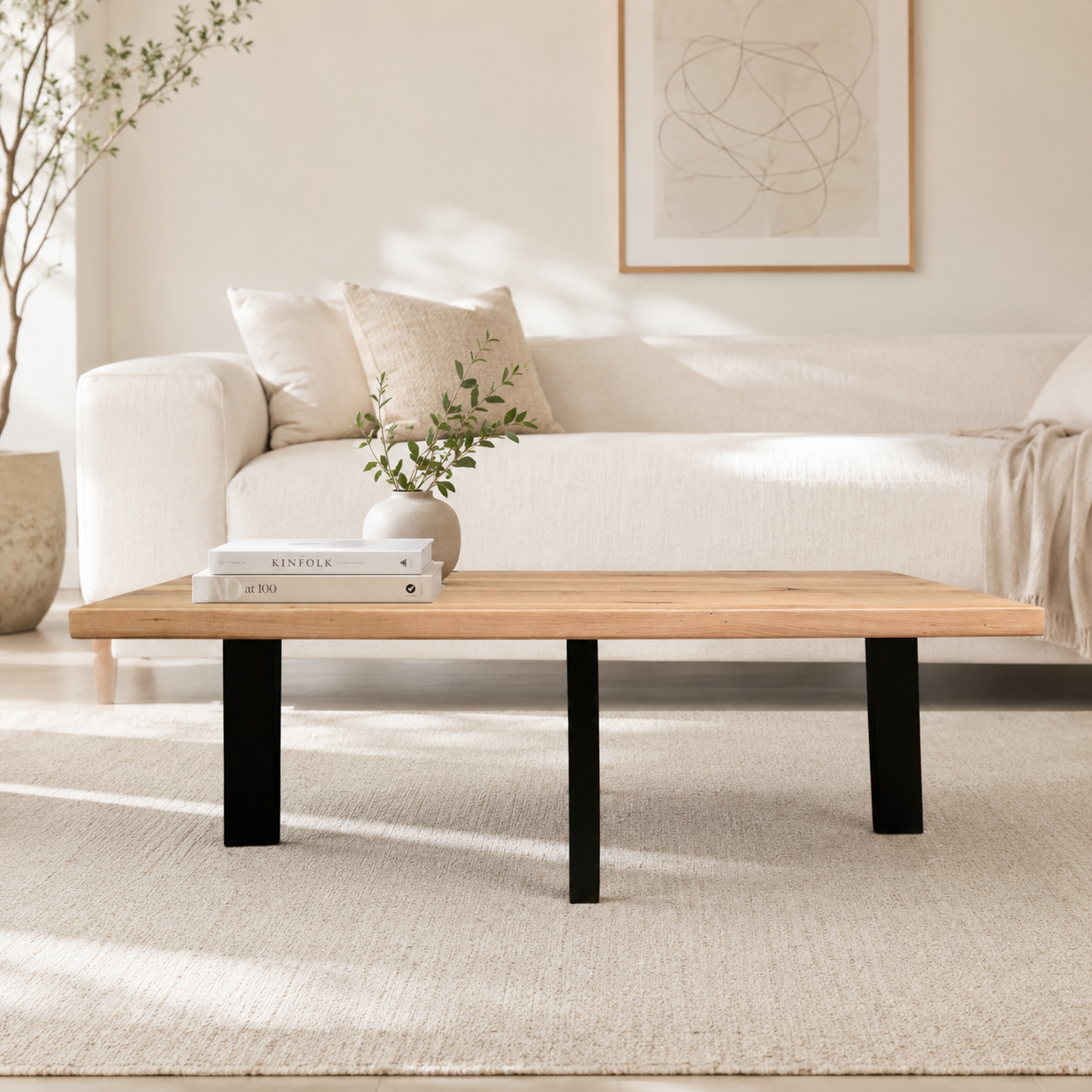 Couchtisch (Caro) Wohnzimmertisch Eiche Massivholz 4 Tischbeine Schwarz