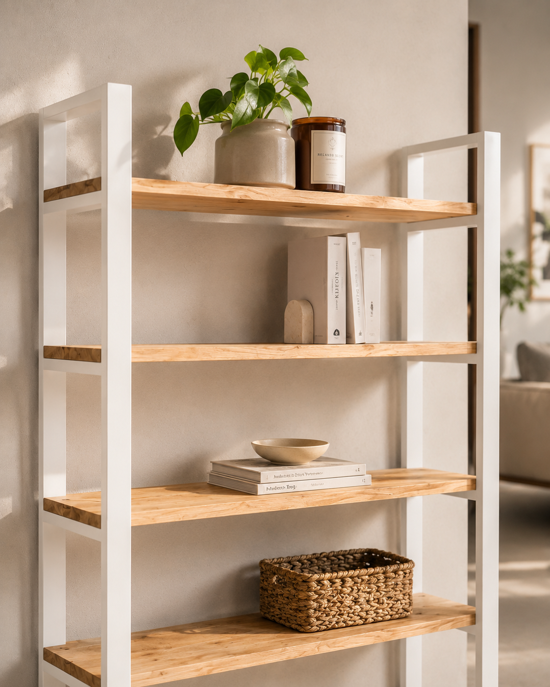 Standregal (Rex) Eiche Massivholz 5 Holzfächer Metallgestell schwarz/weiß