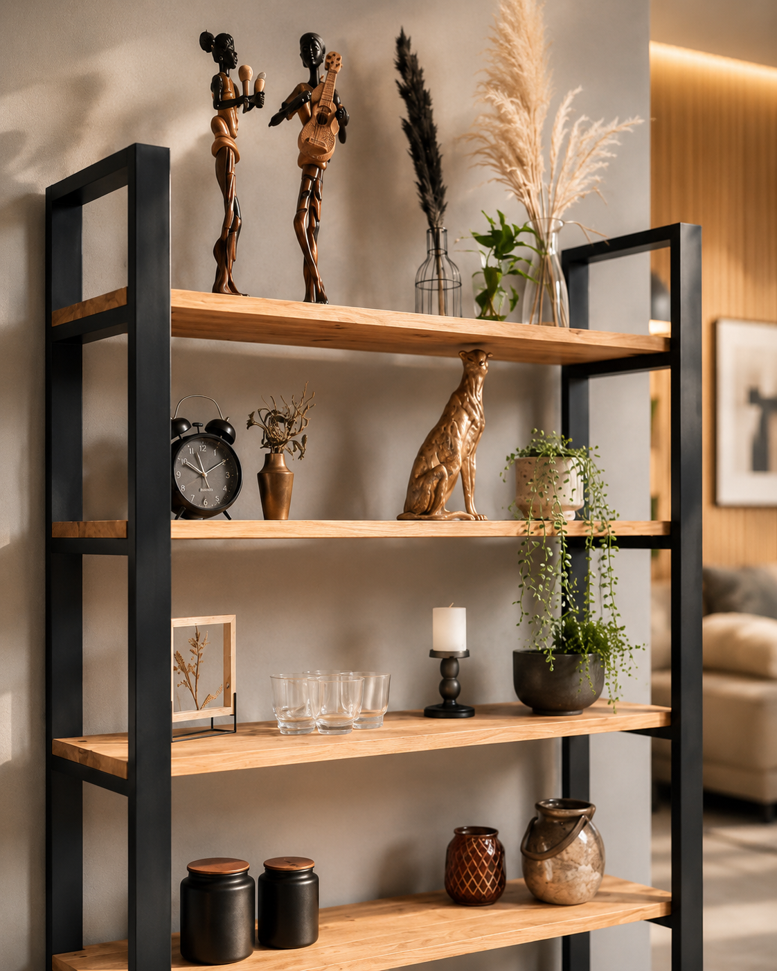 Standregal (Rex) Eiche Massivholz 5 Holzfächer Metallgestell schwarz/weiß