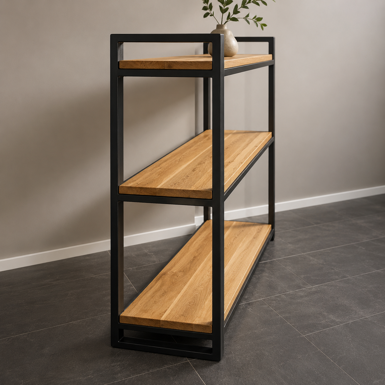 Sideboard (Rex) Eiche Massivholz 3 Fachböden Metallgestell schwarz/weiß
