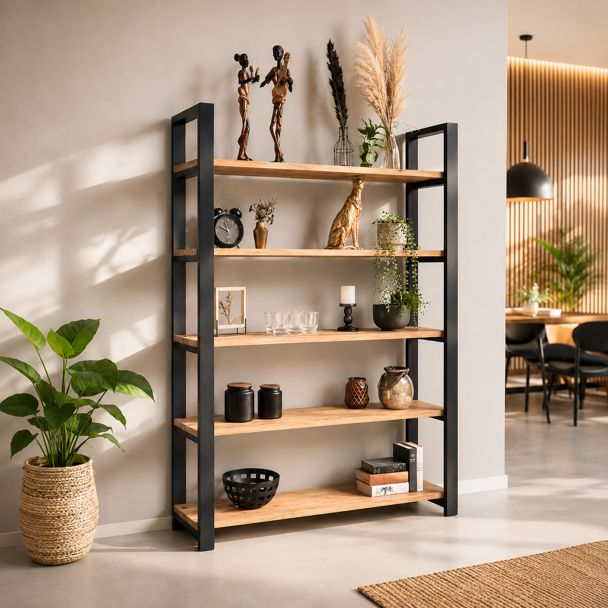 Standregal (Rex) Eiche Massivholz 5 Holzfächer Metallgestell schwarz/weiß