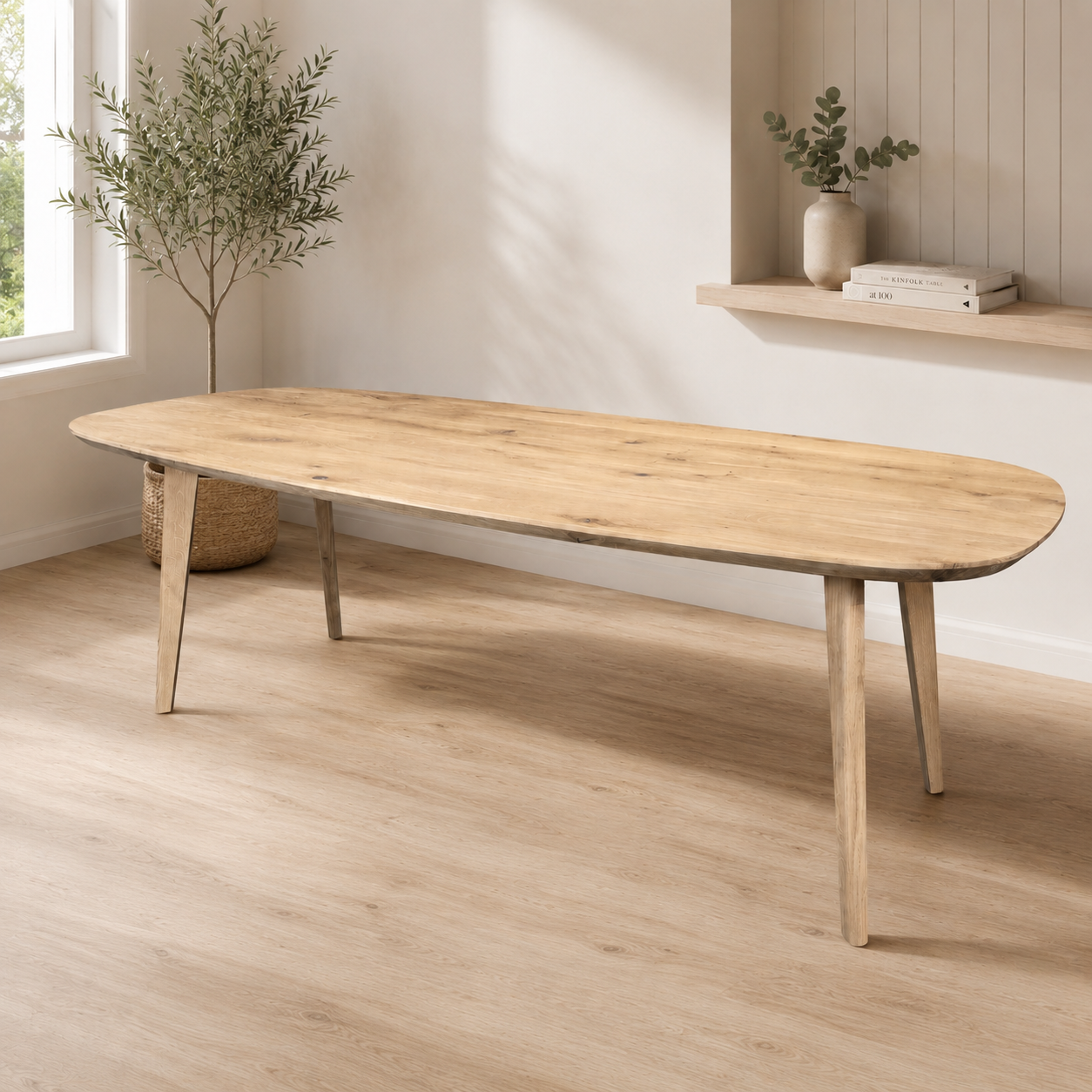 Esstisch (Figo E) Eiche Massivholz Danish Oval Bootsform mit Holzgestell 4 Tischbeine