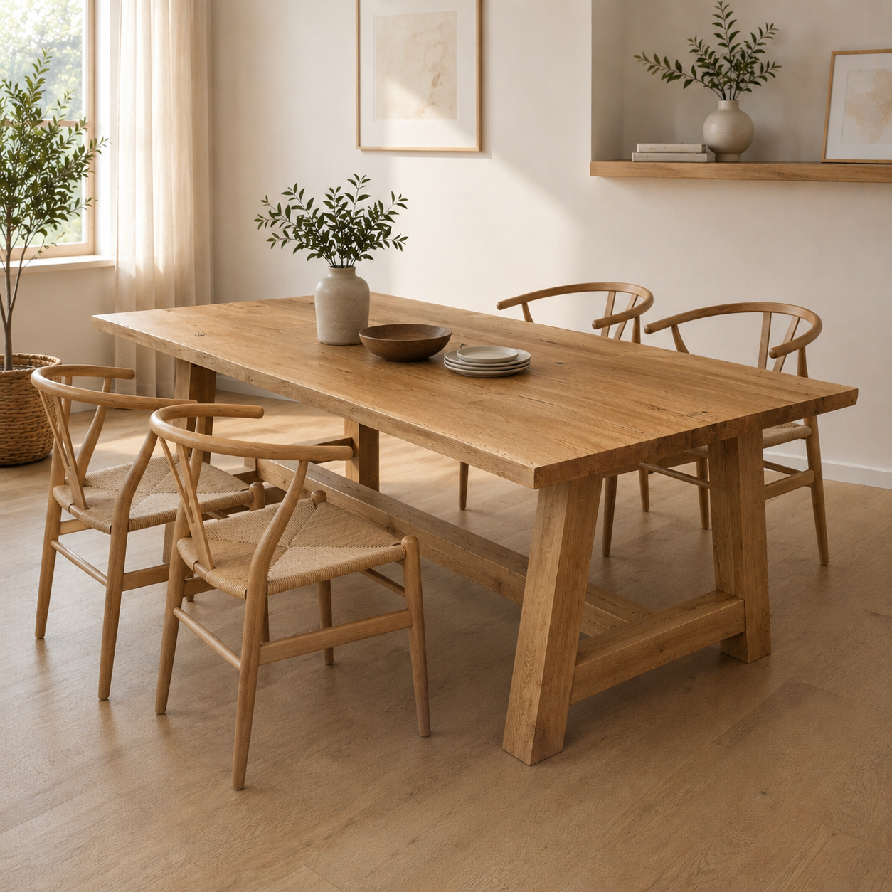 Esstisch (Hops) Eiche Massivholztisch Holzgestell A-Form mit Mittelbalken