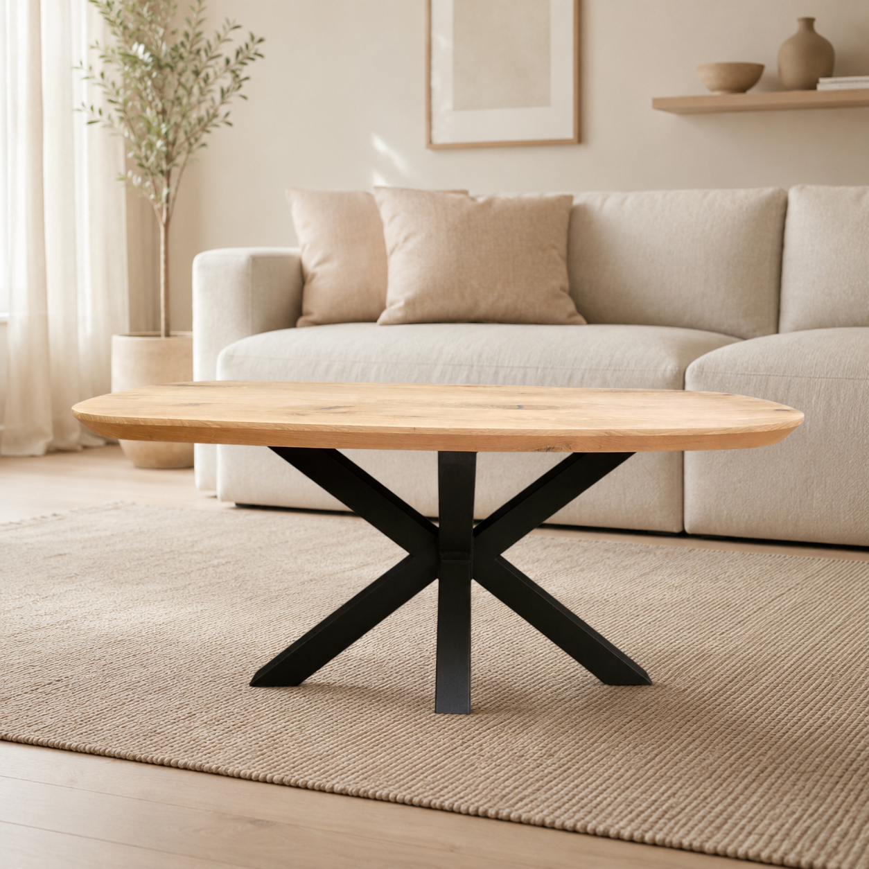 Couchtisch (Walik) Dänisch Oval Eiche Massivholz Spidergestell Schwarz