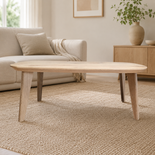 Couchtisch (Figo E) Dänisch Oval Eiche Massivholz 4 Holz Tischbeine