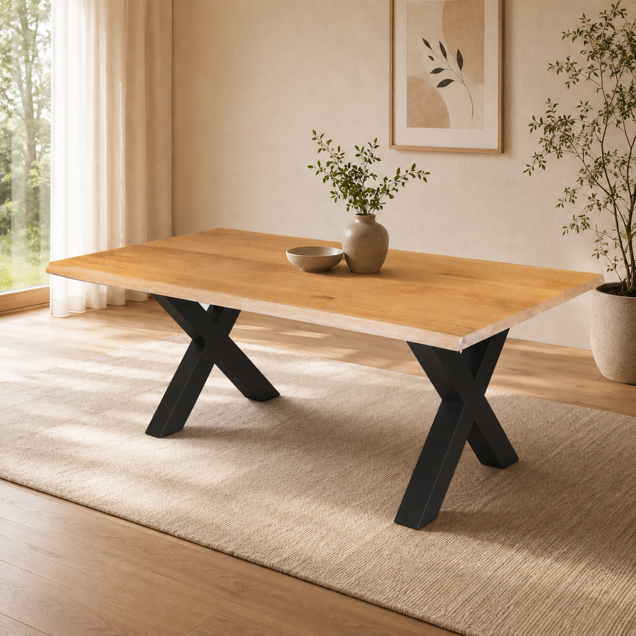 Esstisch (Xana) Eiche Massivholz Tischgestell X-Form schwarz