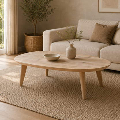 Couchtisch (Finn) Nierenform Eiche Massivholz 3 Holz Tischbeine