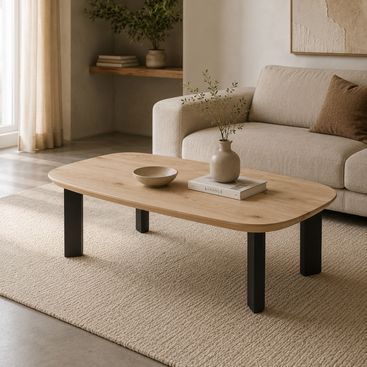 Couchtisch (Banjo) Dänisch Oval Eiche Massivholz 4 Tischbeine Schwarz