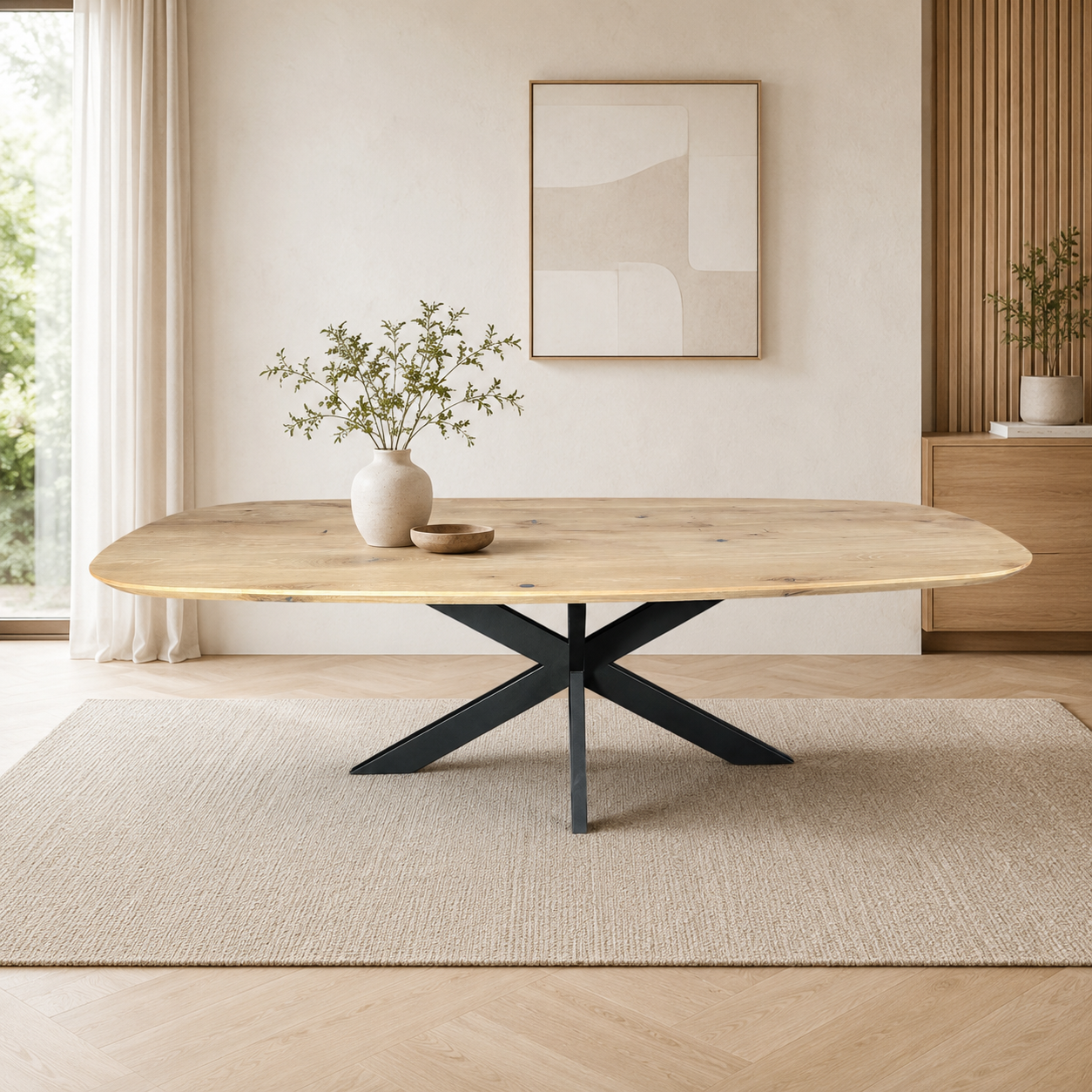 Esstisch (Walik E) Eiche Massivholz Dänisch Oval Bootsform mit Mittelgestell Spider schwarz