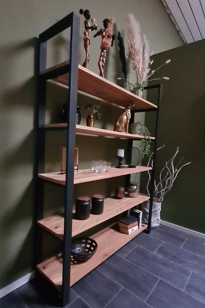 Standregal (Rex) Eiche Massivholz 5 Holzfächer Metallgestell schwarz